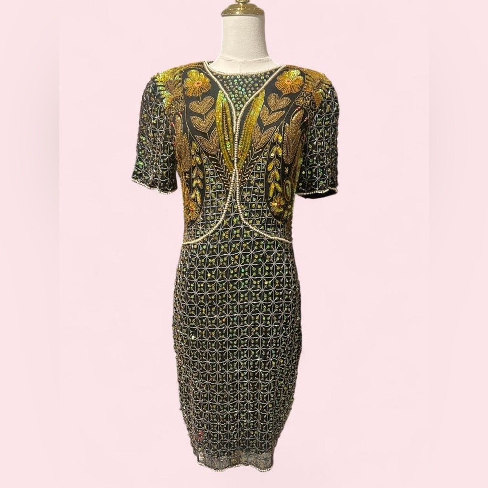 Embellished Black Midi Dress with Gold Floral Detail